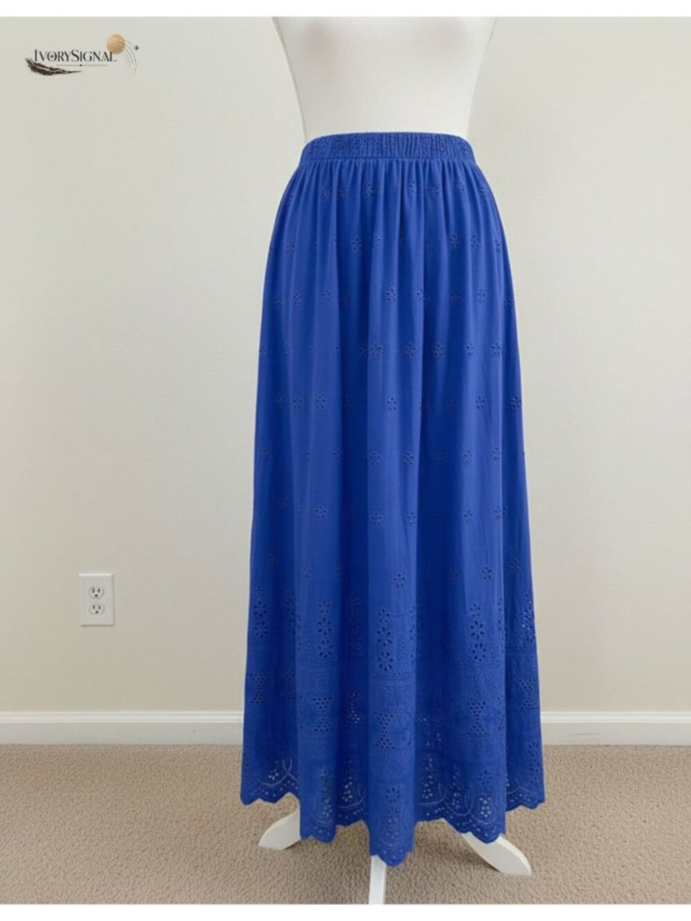 Boho Eyelet Cotton A-Line Flowy Maxi Skirt Lace Hem